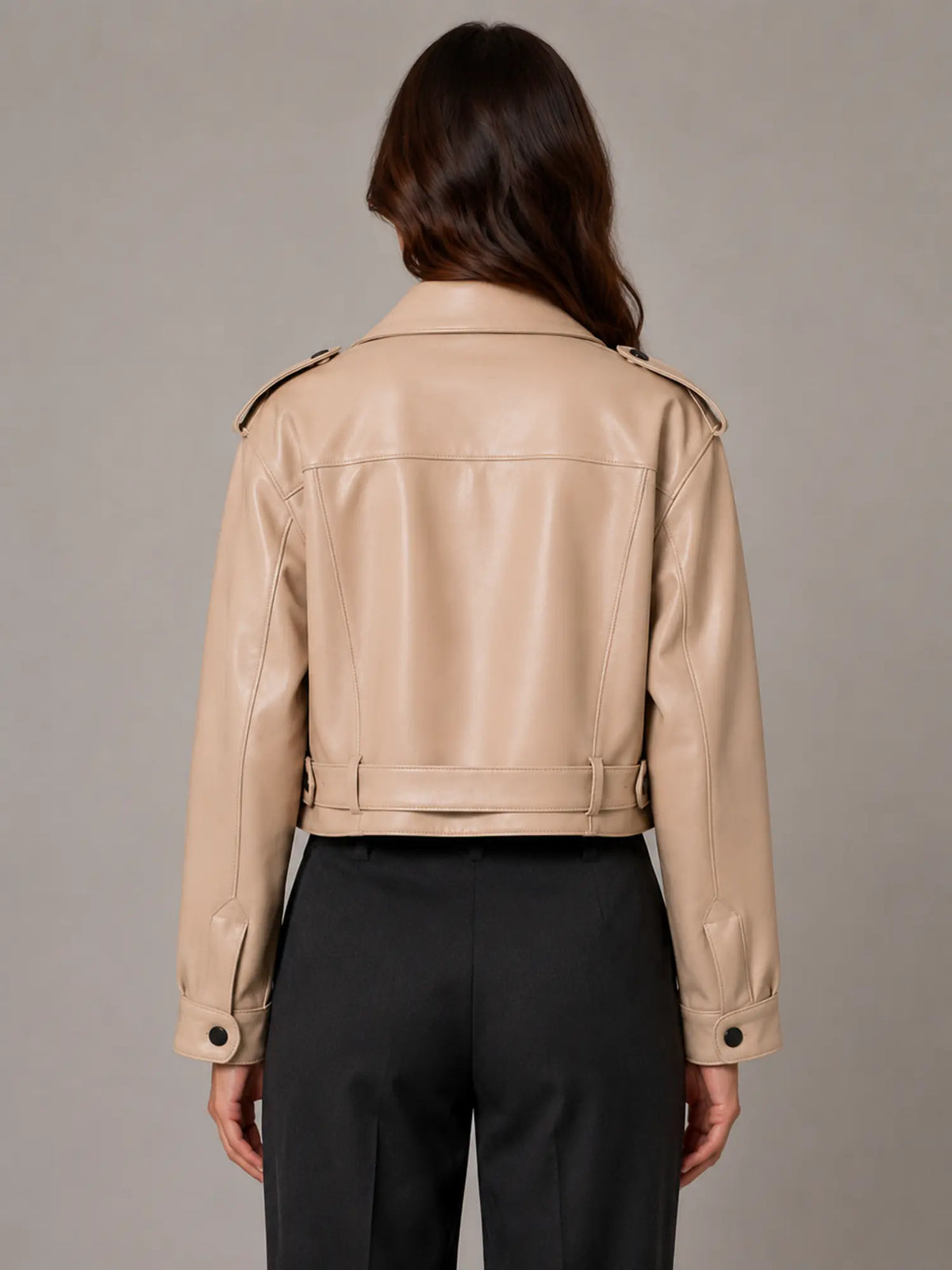 Women's Cropped Leather Trench Jacket – Belted Style in Beige – Back view