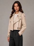Women's Cropped Leather Trench Jacket – Belted Style in Beige – Hover view