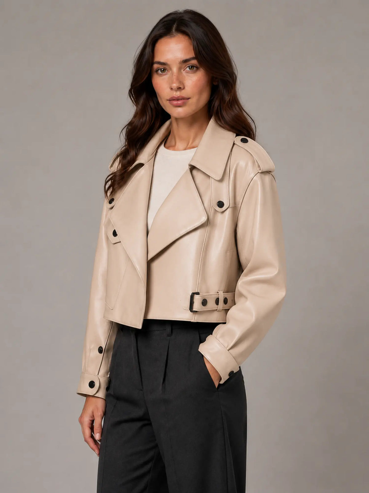 Women's Cropped Leather Trench Jacket – Belted Style in Beige – Hover view