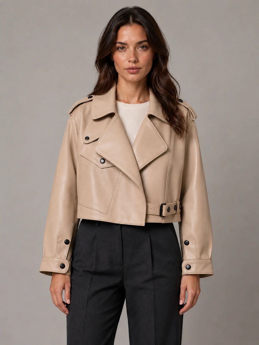 Women's Cropped Leather Trench Jacket – Belted Style in Beige – Main view