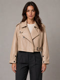 Women's Cropped Leather Trench Jacket – Belted Style in Beige – Main view