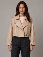 Women's Cropped Leather Trench Jacket – Belted Style in Beige – Main view