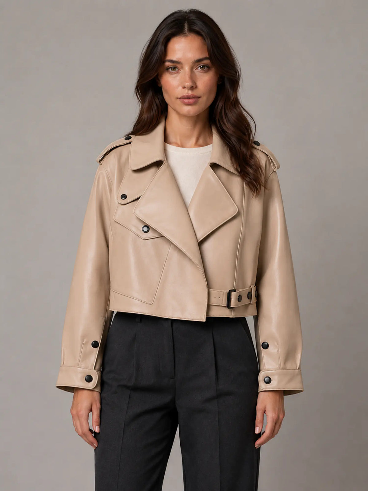 Women's Cropped Leather Trench Jacket – Belted Style in Beige – Main view