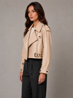 Women's Cropped Leather Trench Jacket – Belted Style in Beige – Side view