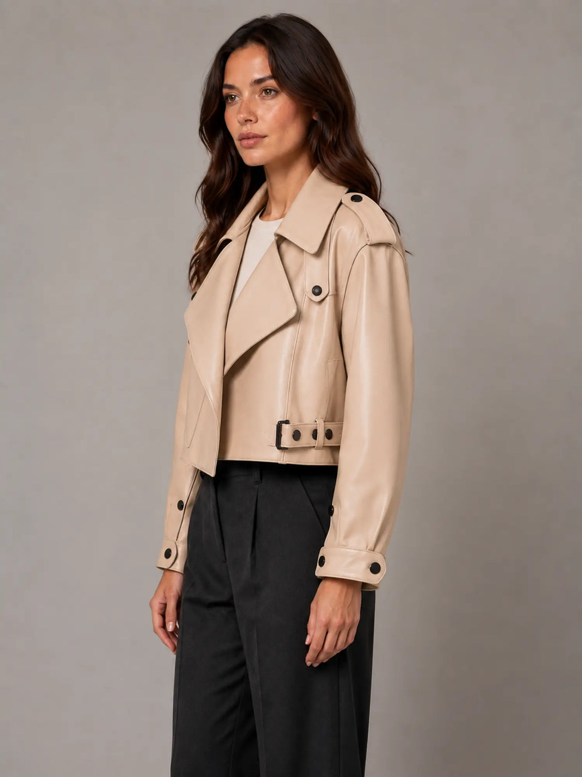 Women's Cropped Leather Trench Jacket – Belted Style in Beige – Side view