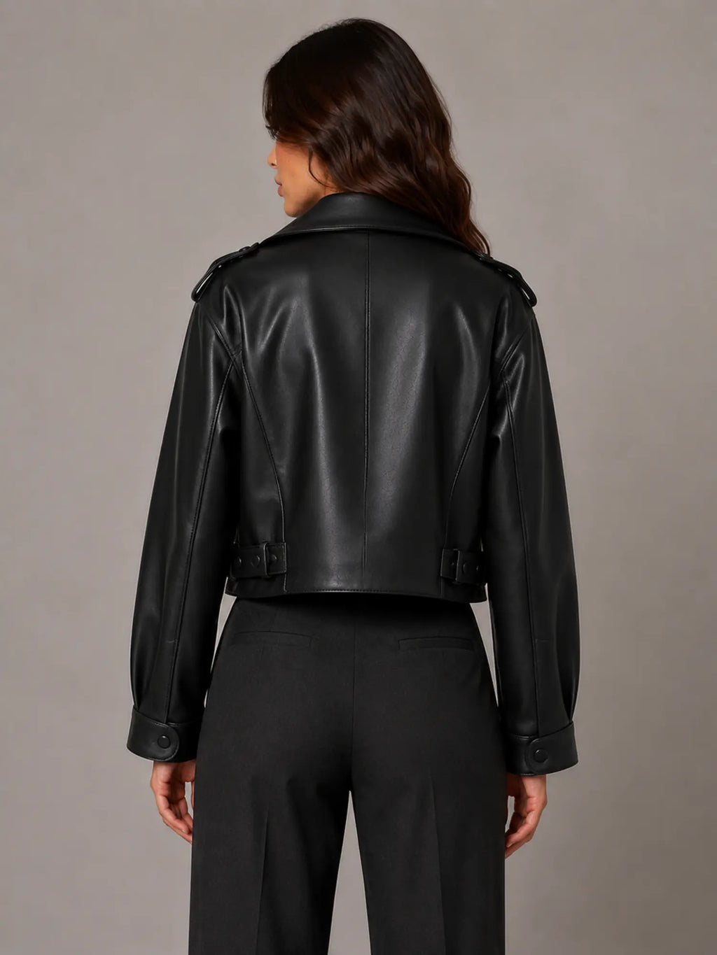 Women's Cropped Leather Trench Jacket – Belted Style in Black – Back view