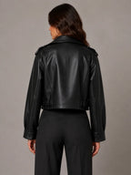 Women's Cropped Leather Trench Jacket – Belted Style in Black – Back view