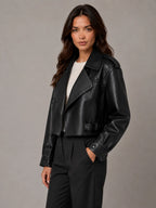Women's Cropped Leather Trench Jacket – Belted Style in Black – Hover view