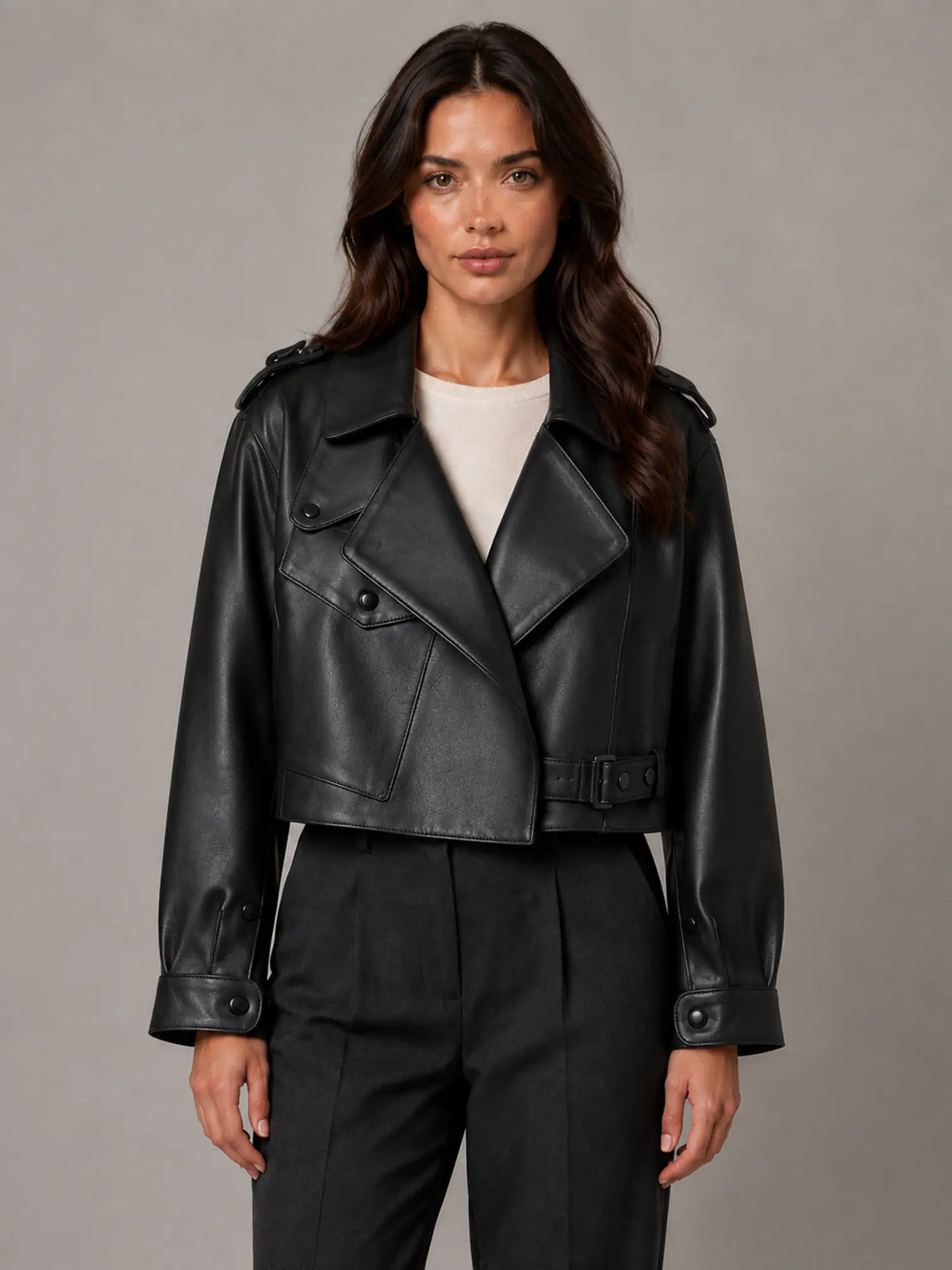 Women's Cropped Leather Trench Jacket – Belted Style in Black – Main view