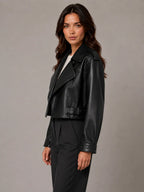 Women's Cropped Leather Trench Jacket – Belted Style in Black – Side view