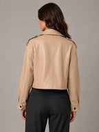 Women's Cropped Leather Trench Jacket – Belted Style in Light Brown – Back view