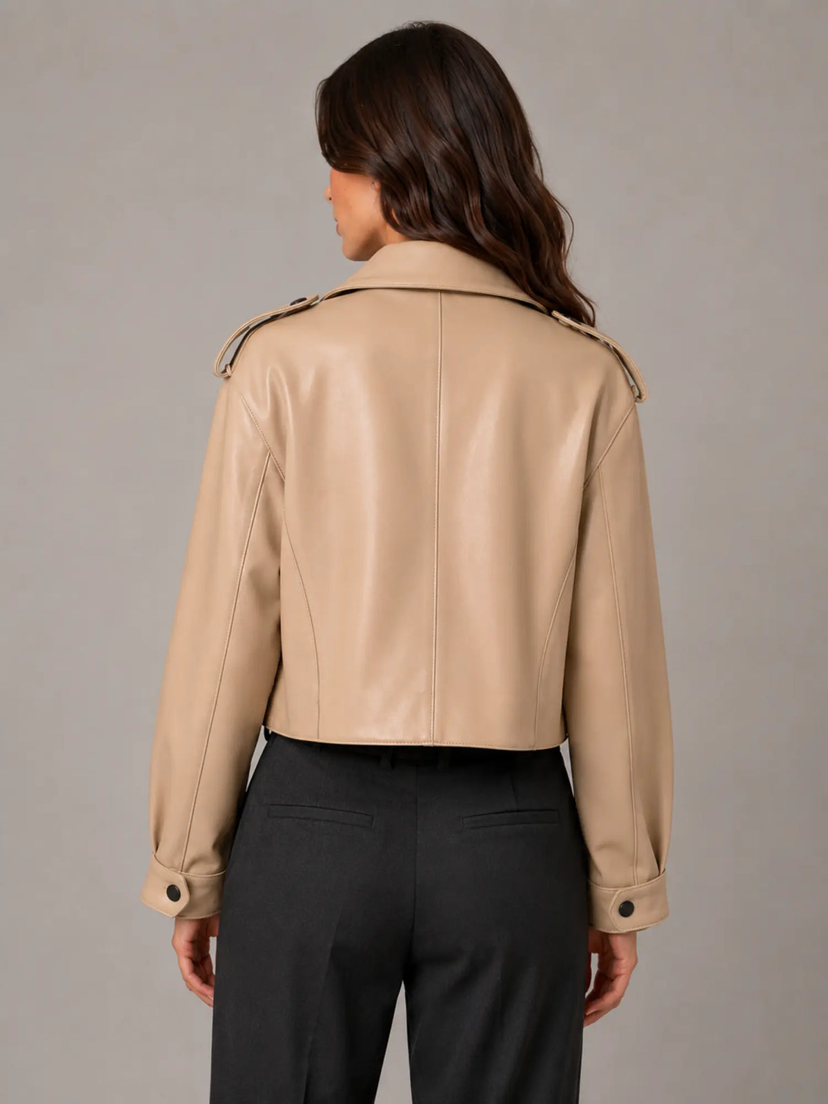 Women's Cropped Leather Trench Jacket – Belted Style in Light Brown – Back view