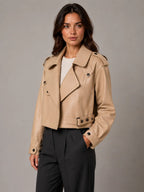 Women's Cropped Leather Trench Jacket – Belted Style in Light Brown – Hover view