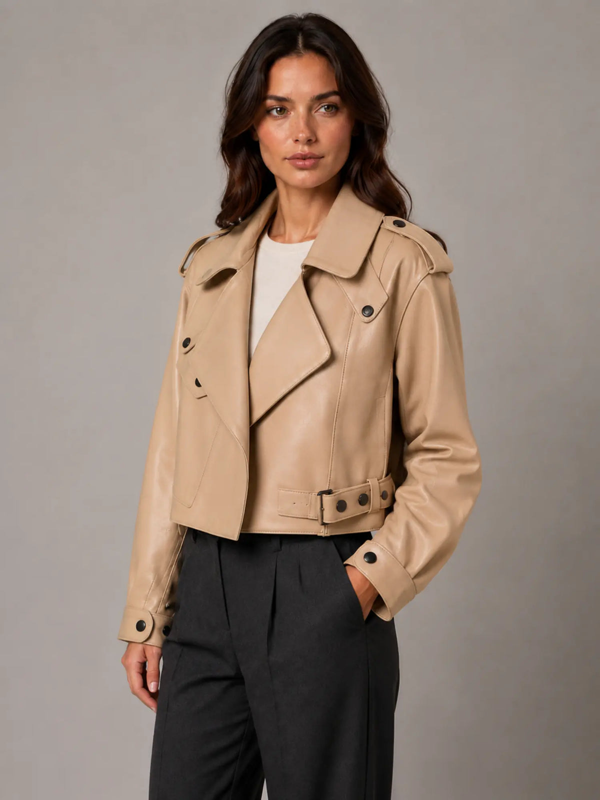 Women's Cropped Leather Trench Jacket – Belted Style in Light Brown – Hover view