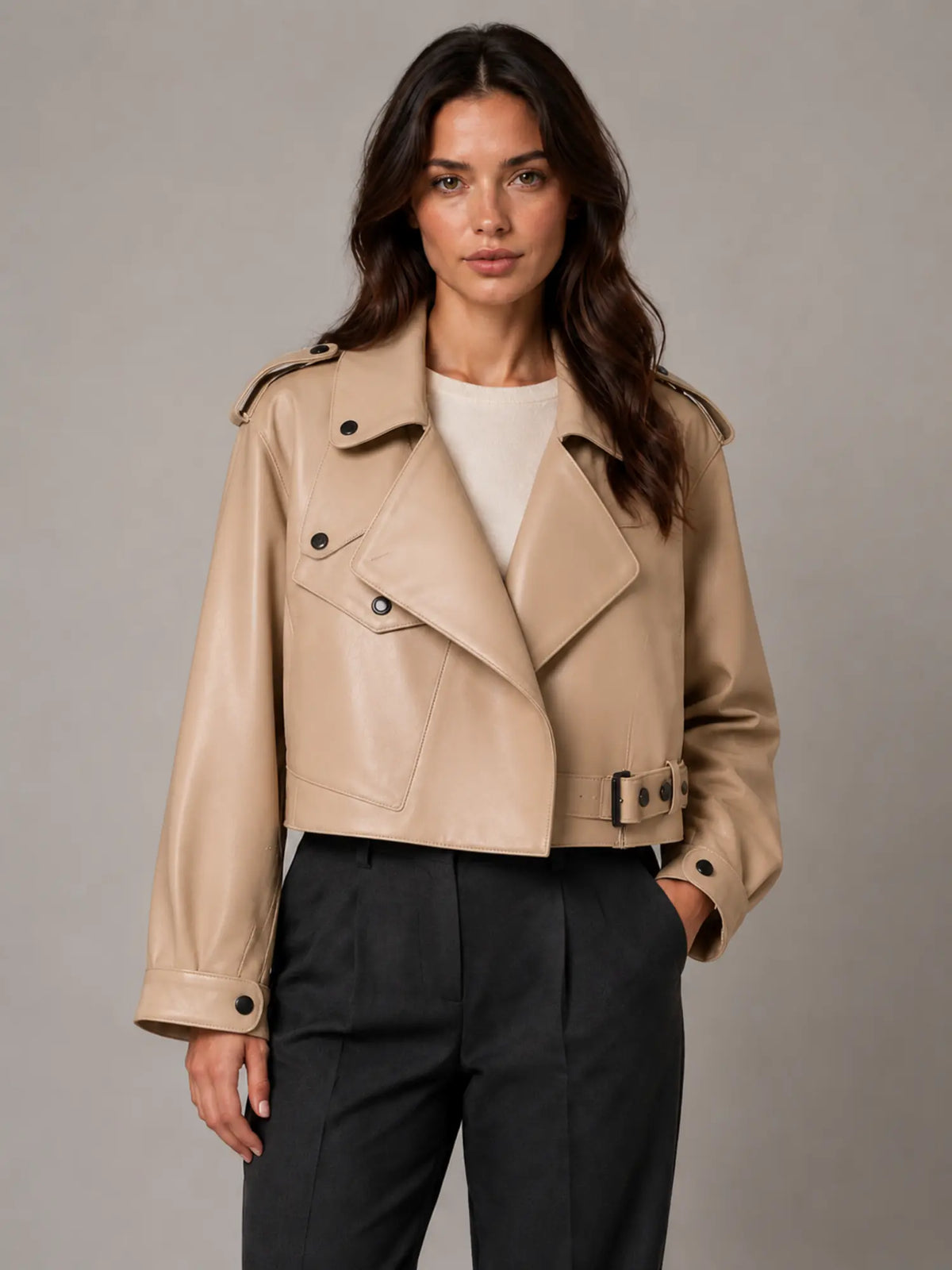 Women's Cropped Leather Trench Jacket – Belted Style in Light Brown – Main view