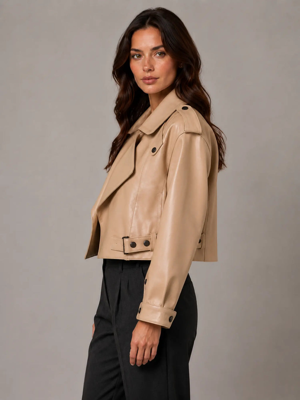 Women's Cropped Leather Trench Jacket – Belted Style in Light Brown – Side view