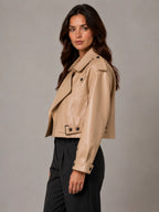 Women's Cropped Leather Trench Jacket – Belted Style in Light Brown – Side view