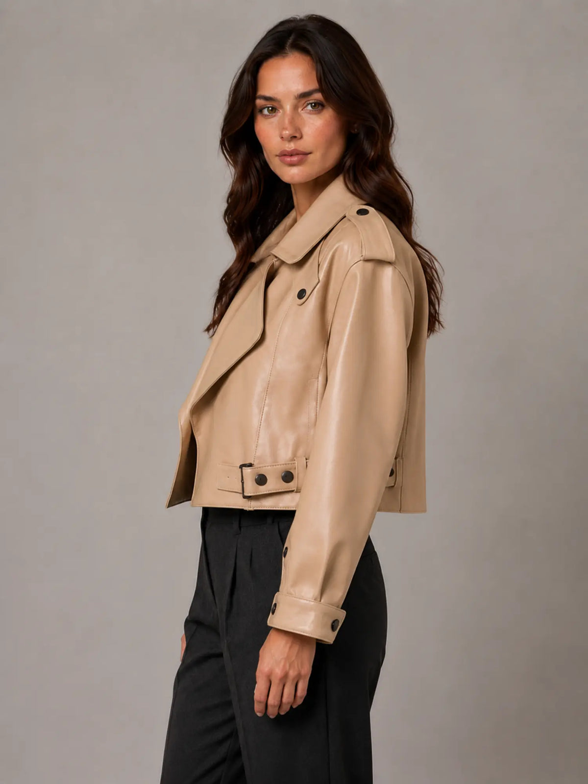 Women's Cropped Leather Trench Jacket – Belted Style in Light Brown – Side view