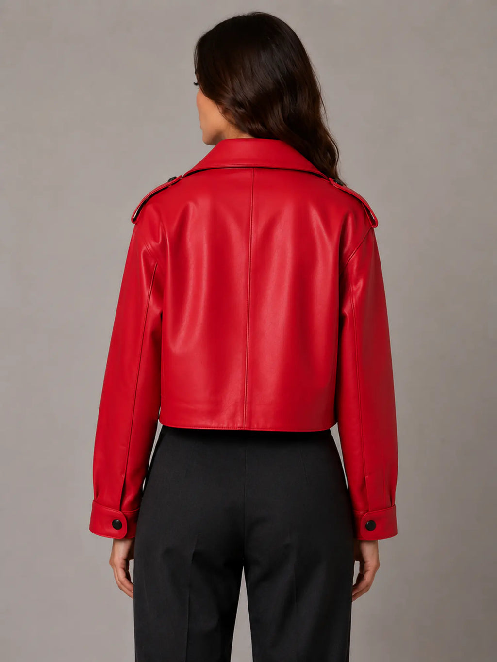 Women's Cropped Leather Trench Jacket – Belted Style in Red – Back view