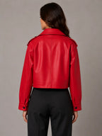 Women's Cropped Leather Trench Jacket – Belted Style in Red – Back view