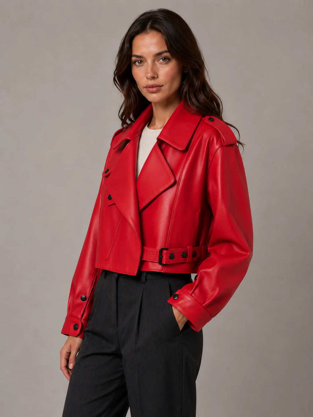 Women's Cropped Leather Trench Jacket – Belted Style in Red – Hover view