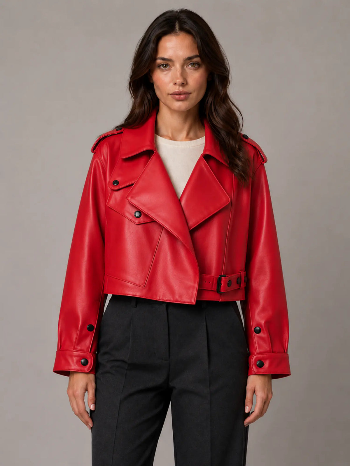 Women's Cropped Leather Trench Jacket – Belted Style in Red – Main view