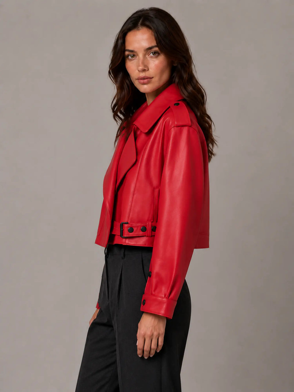 Women's Cropped Leather Trench Jacket – Belted Style in Red – Side view