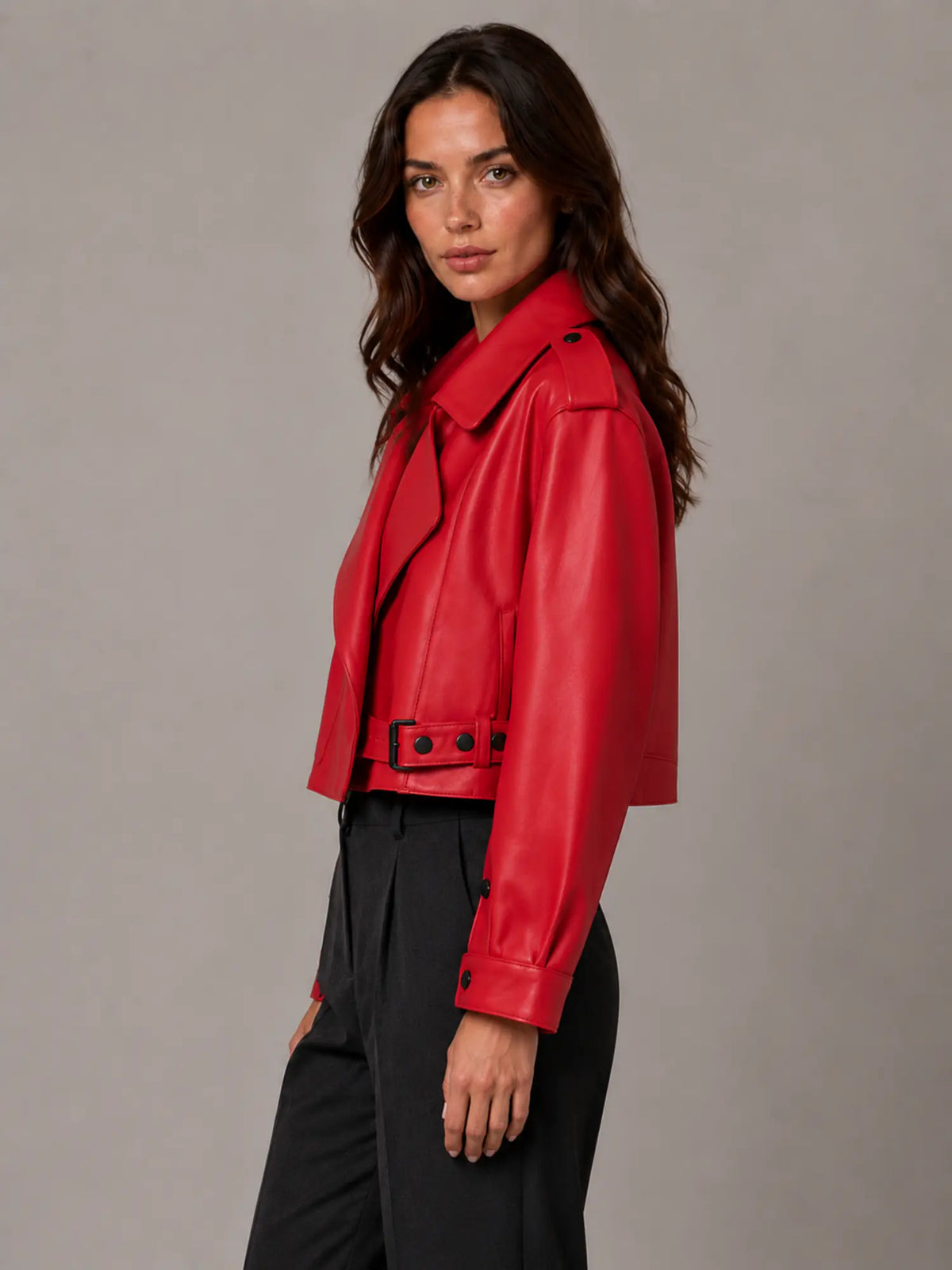 Women's Cropped Leather Trench Jacket – Belted Style in Red – Side view