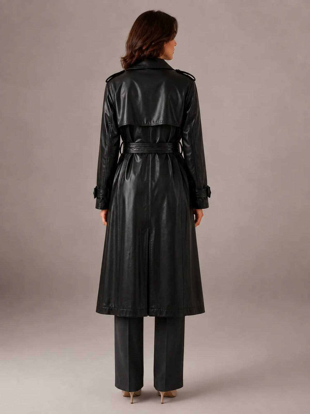 Women's Leather Trench Coat – Long Double-Breasted Style in Black – Back view