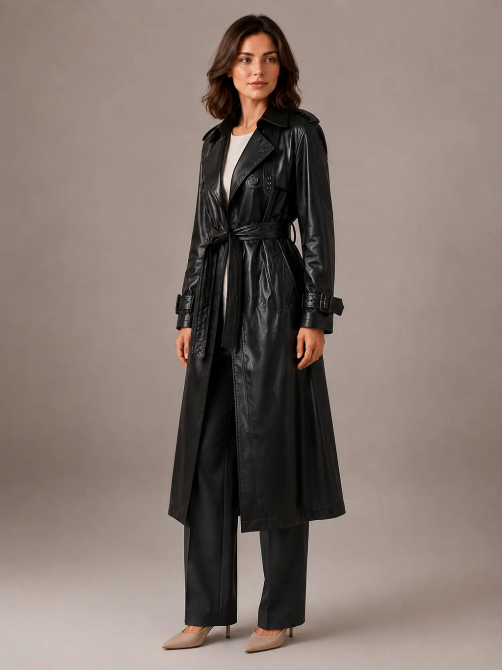 Women's Leather Trench Coat – Long Double-Breasted Style in Black – Hover view