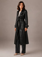 Women's Leather Trench Coat – Long Double-Breasted Style in Black – Hover view