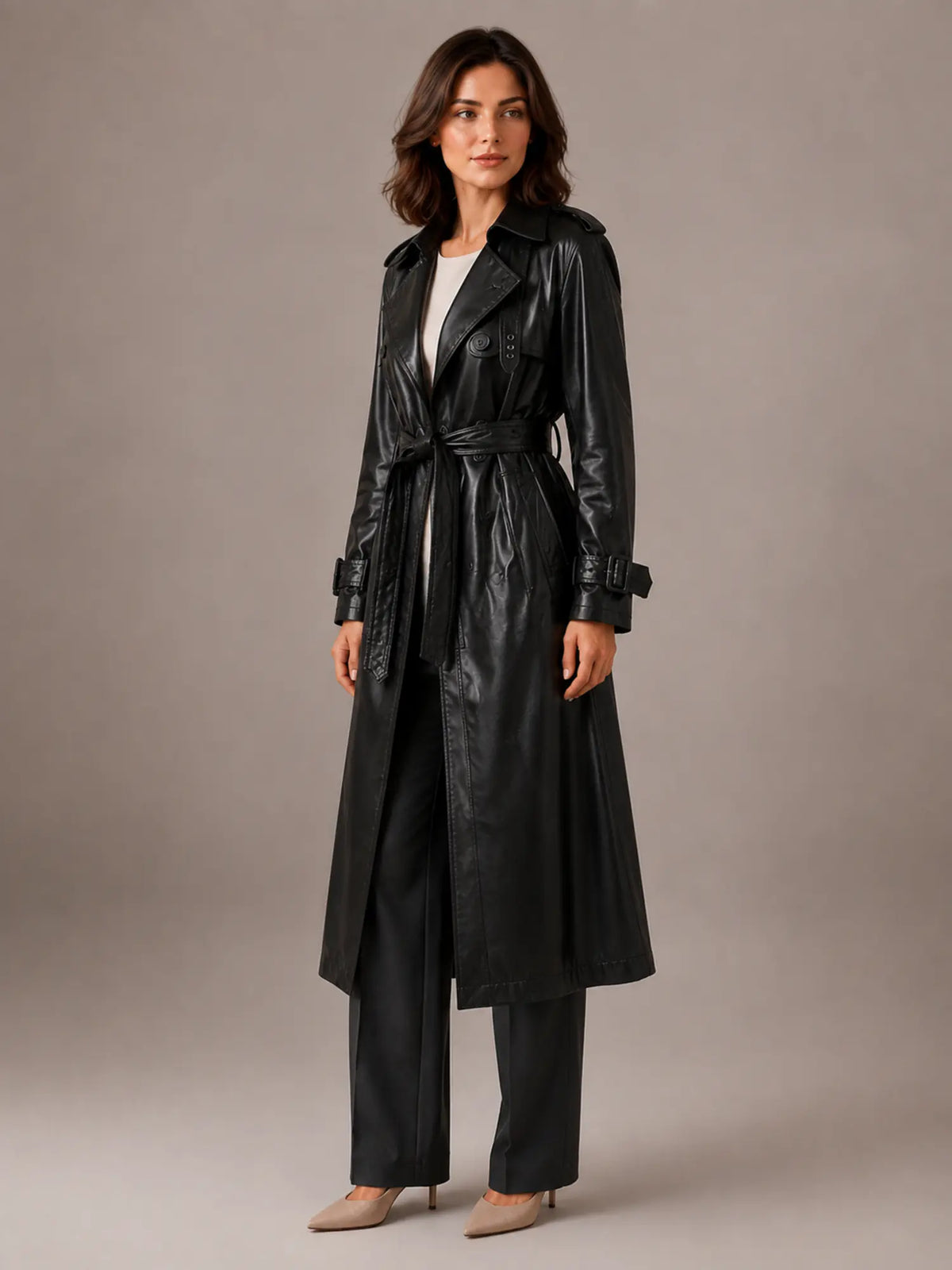 Women's Leather Trench Coat – Long Double-Breasted Style in Black – Hover view