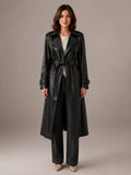 Women's Leather Trench Coat – Long Double-Breasted Style in Black – Main view