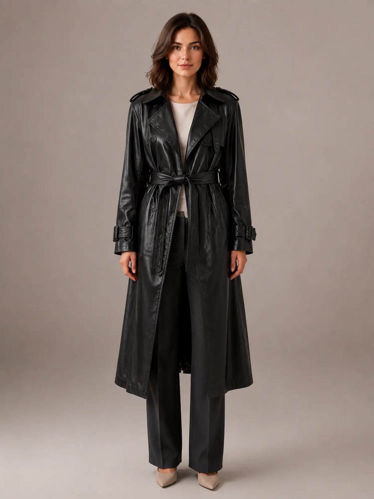 Women's Leather Trench Coat – Long Double-Breasted Style in Black – Main view