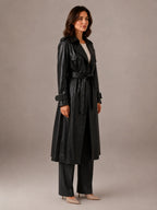 Women's Leather Trench Coat – Long Double-Breasted Style in Black – Side view