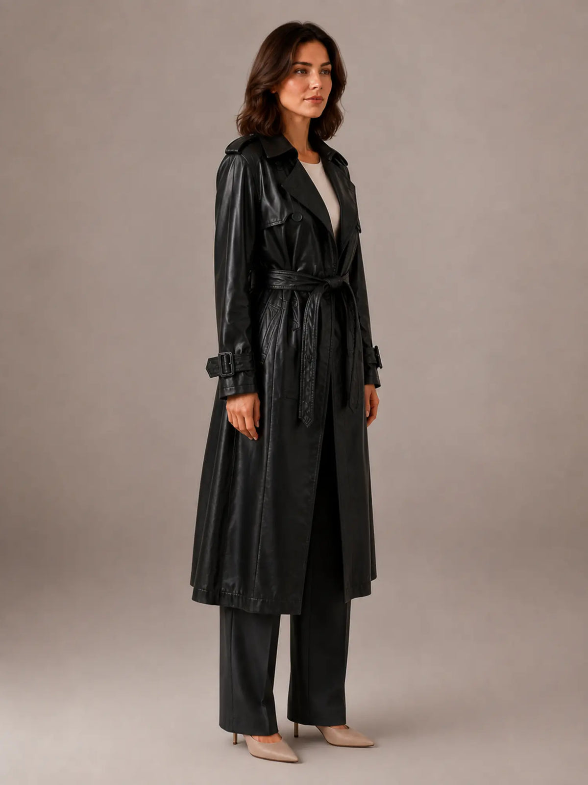 Women's Leather Trench Coat – Long Double-Breasted Style in Black – Side view