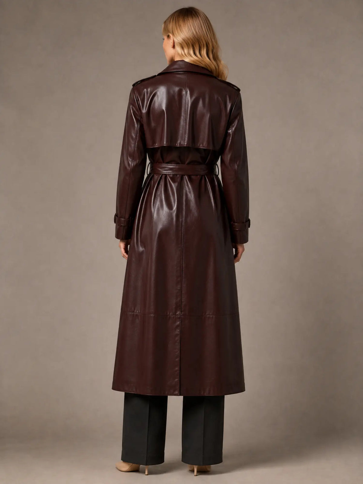 Women's Leather Maxi Trench Coat – Long Belted Style in Dark Red – Back view