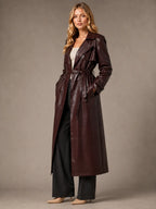 Women's Leather Maxi Trench Coat – Long Belted Style in Dark Red – Hover view