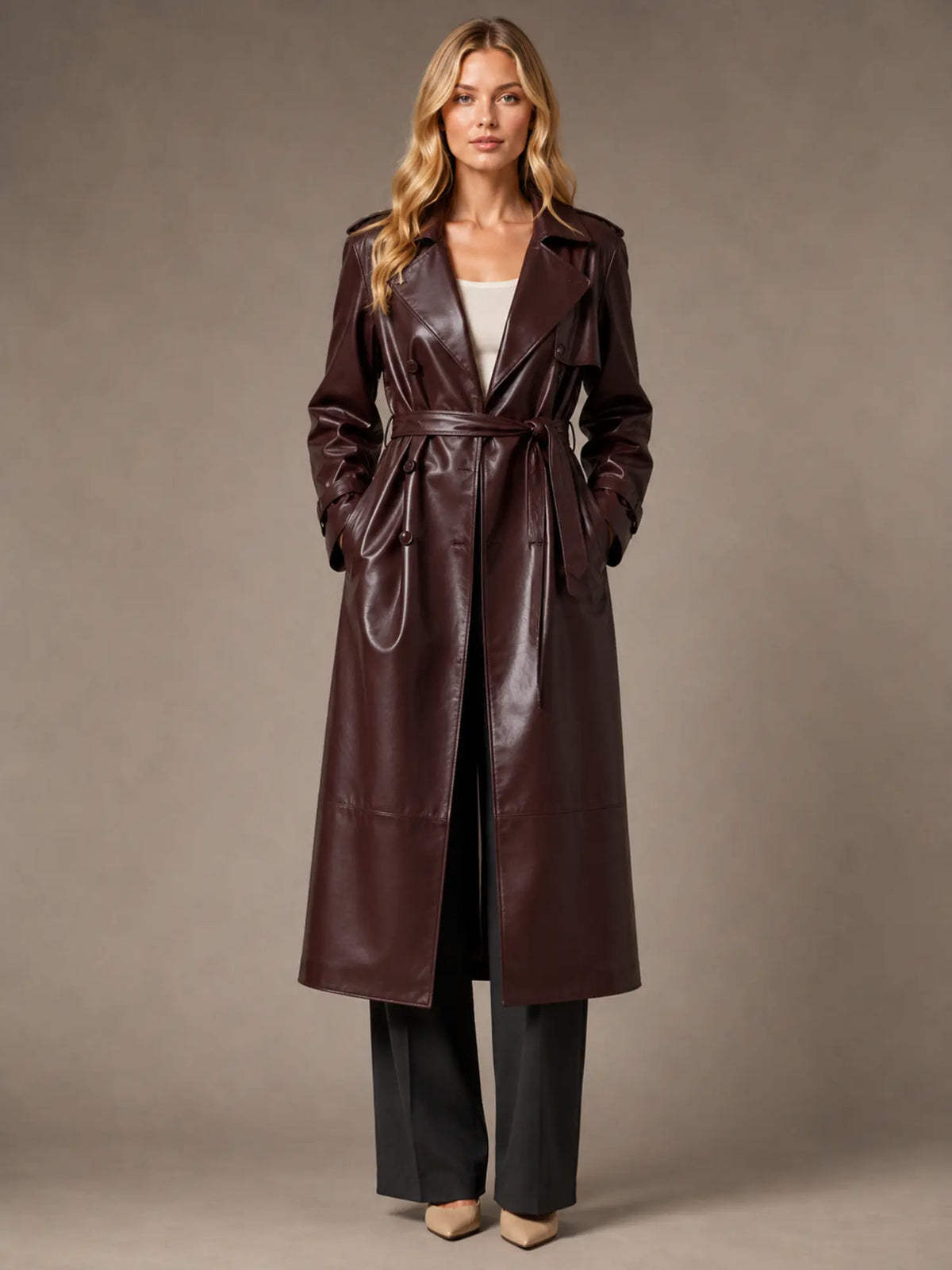 Women's Leather Maxi Trench Coat – Long Belted Style in Dark Red – Main view