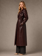 Women's Leather Maxi Trench Coat – Long Belted Style in Dark Red – Side view