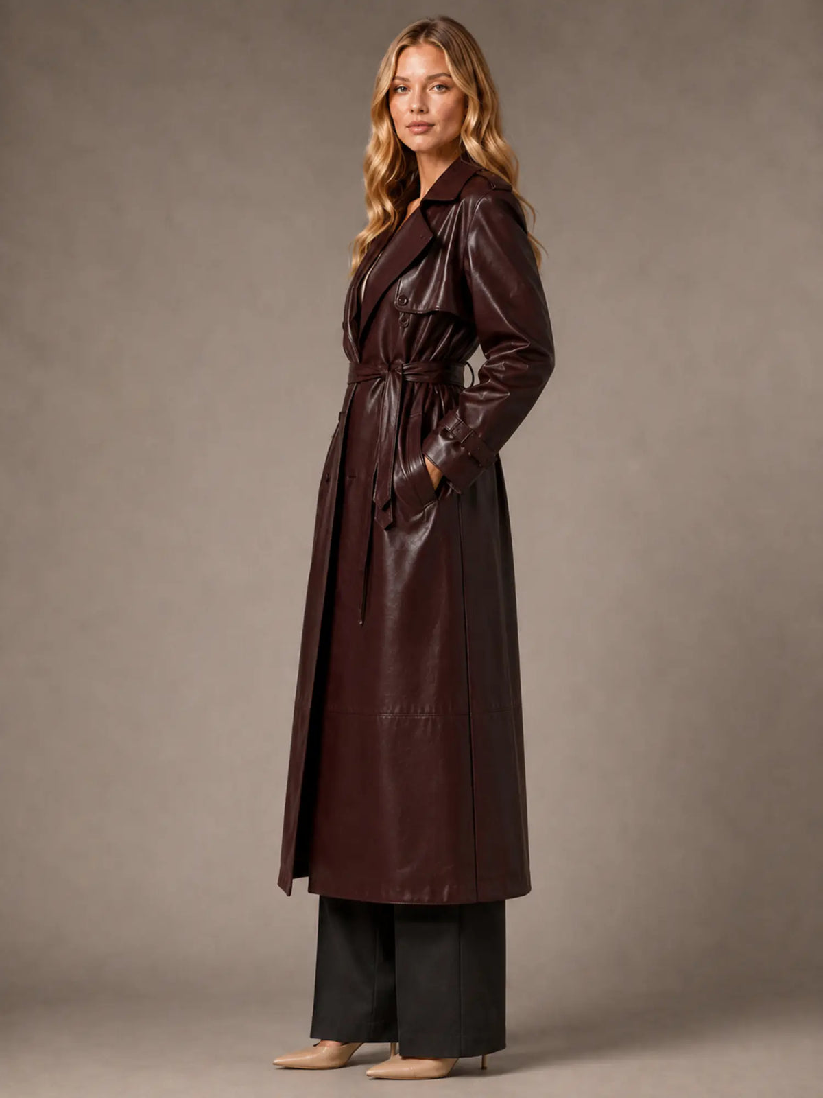 Women's Leather Maxi Trench Coat – Long Belted Style in Dark Red – Side view