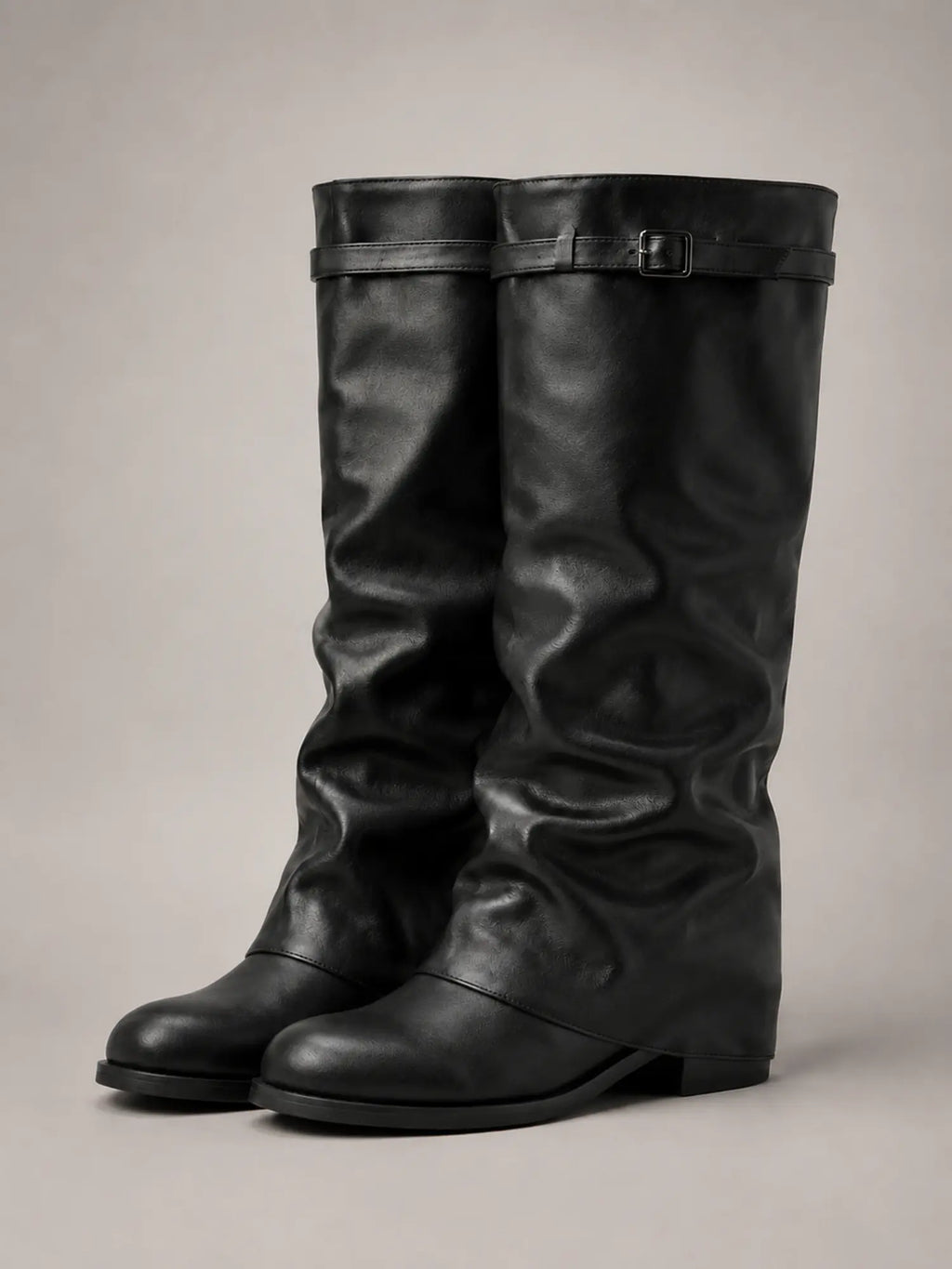 Women's Slouchy Knee-High Boots – Fold-Over Block Heel in Black – Hover view