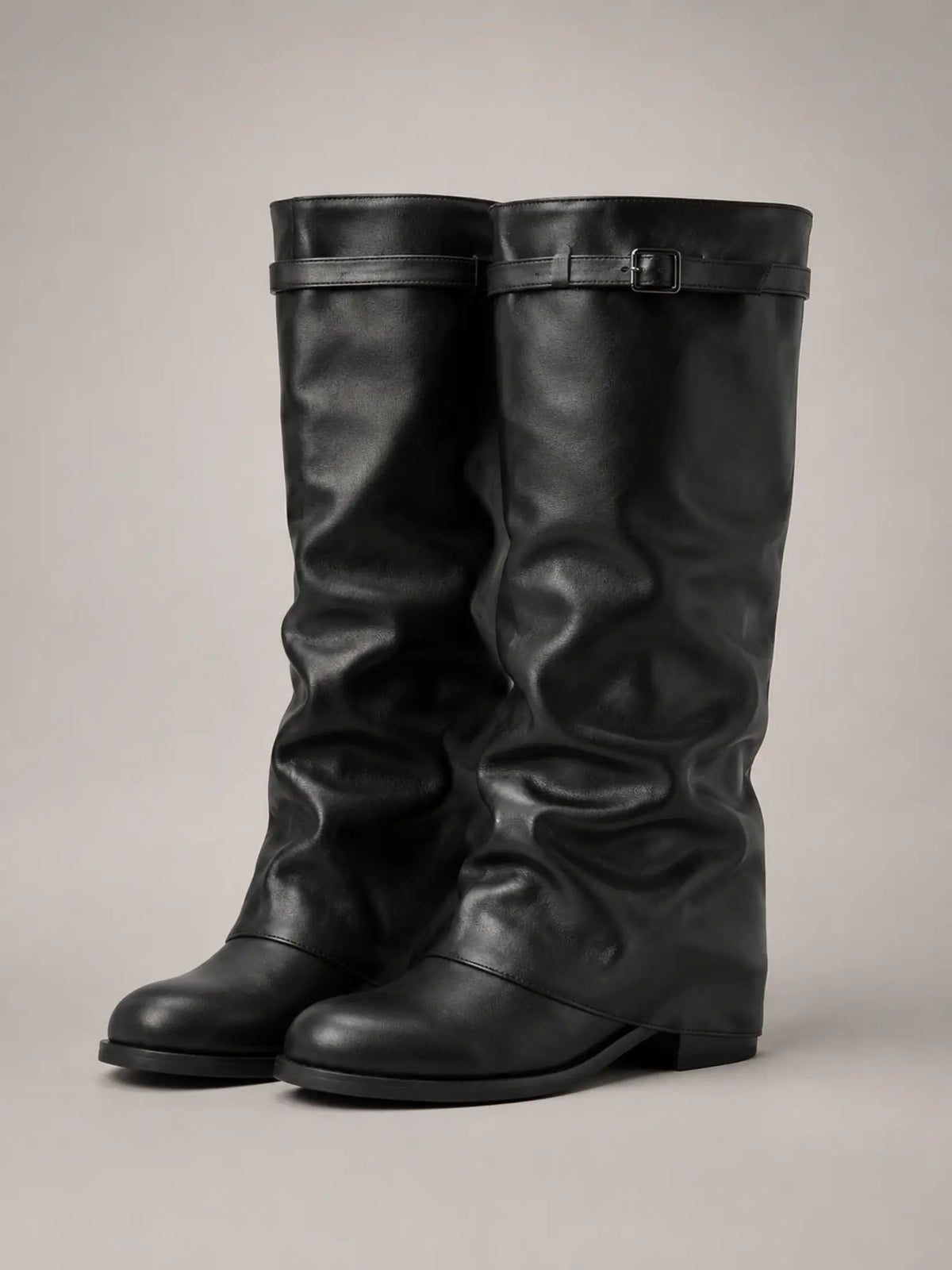 Women's Slouchy Knee-High Boots – Fold-Over Block Heel in Black – Main view