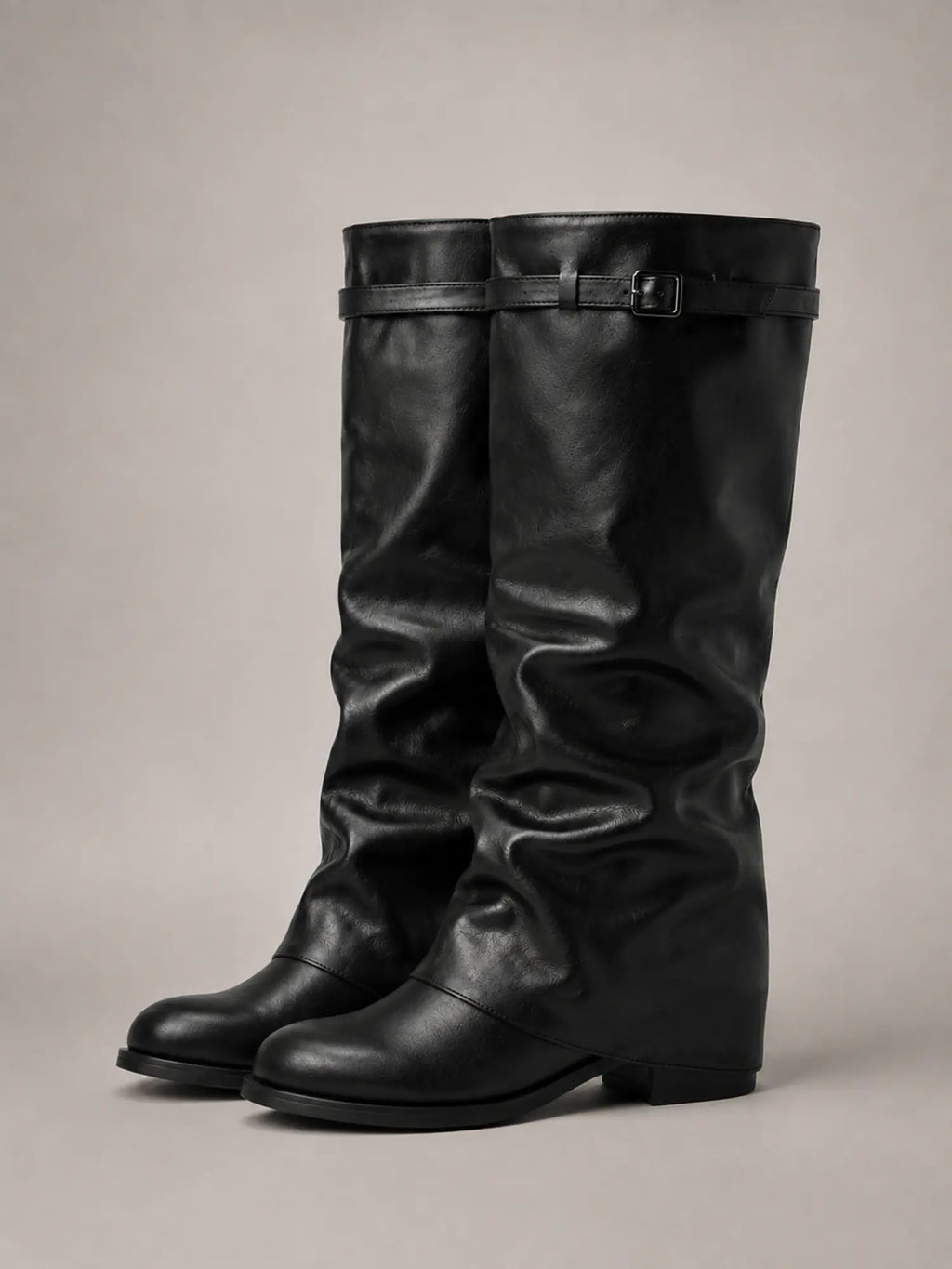 Women's Slouchy Knee-High Boots – Fold-Over Block Heel in Black – Side view