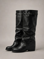 Women's Slouchy Knee-High Boots – Fold-Over Block Heel in Black – Side view