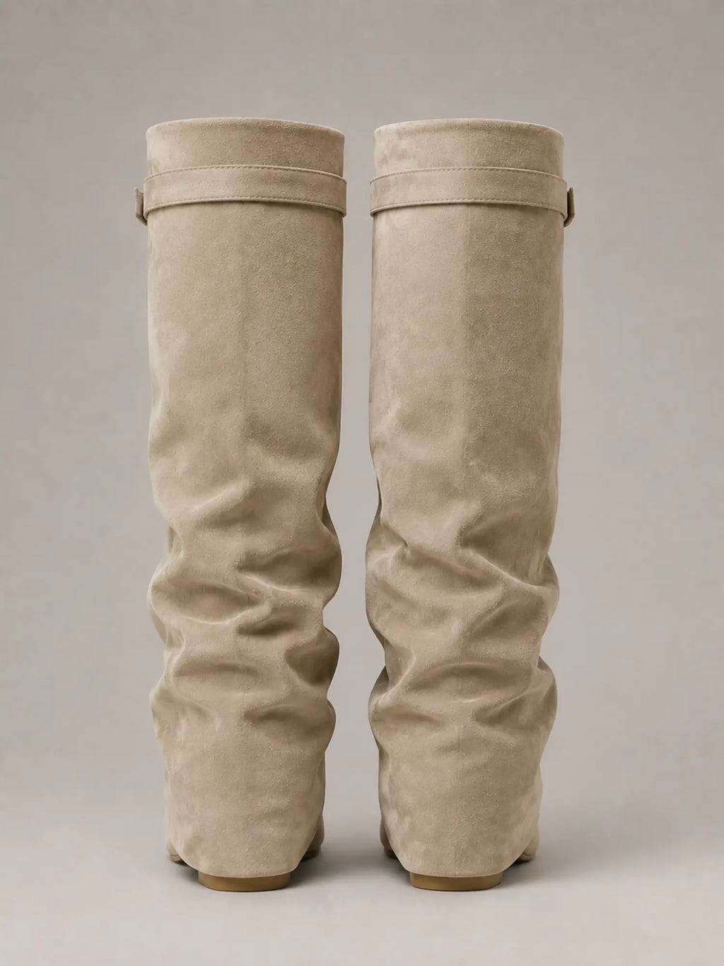 Women's Suede Knee-High Boots – Slouchy Block Heel in Beige – Back view