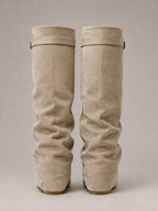 Women's Suede Knee-High Boots – Slouchy Block Heel in Beige – Back view
