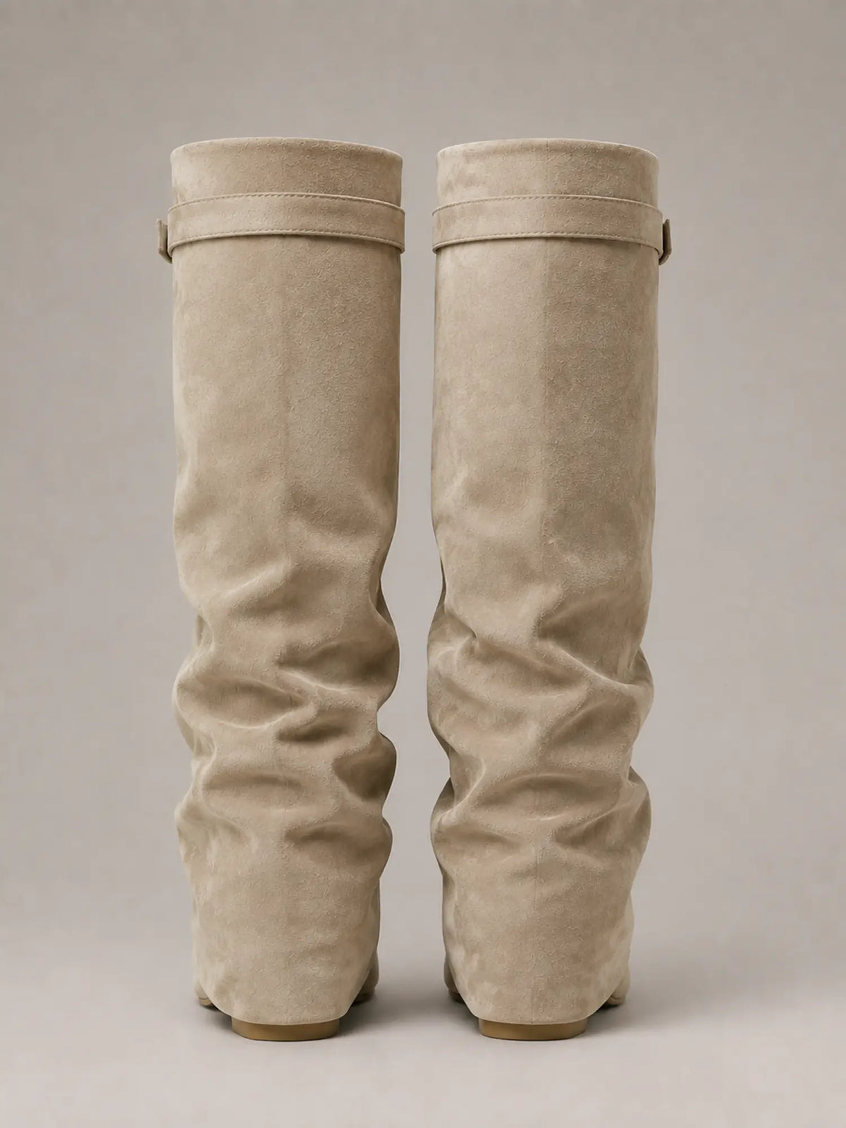 Women's Suede Knee-High Boots – Slouchy Block Heel in Beige – Back view