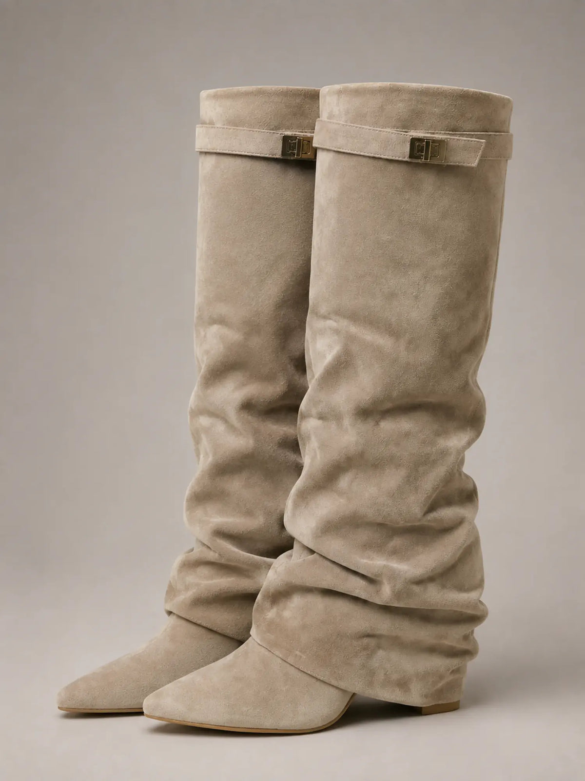 Women's Suede Knee-High Boots – Slouchy Block Heel in Beige – Hover view