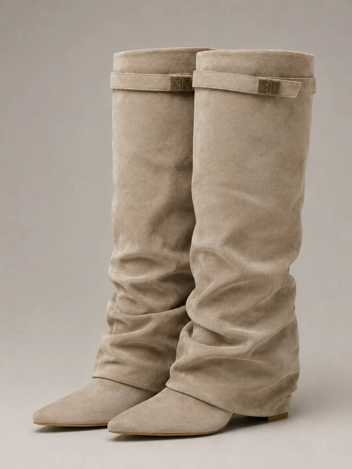 Women's Suede Knee-High Boots – Slouchy Block Heel in Beige – Main view